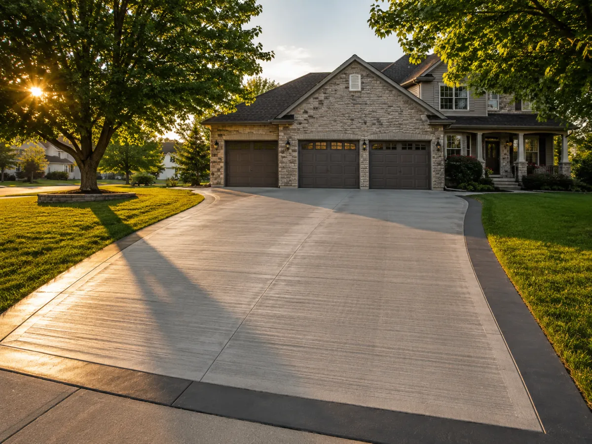 Stamped concrete driveway with brick pattern at a Racine, WI home by GM Concrete