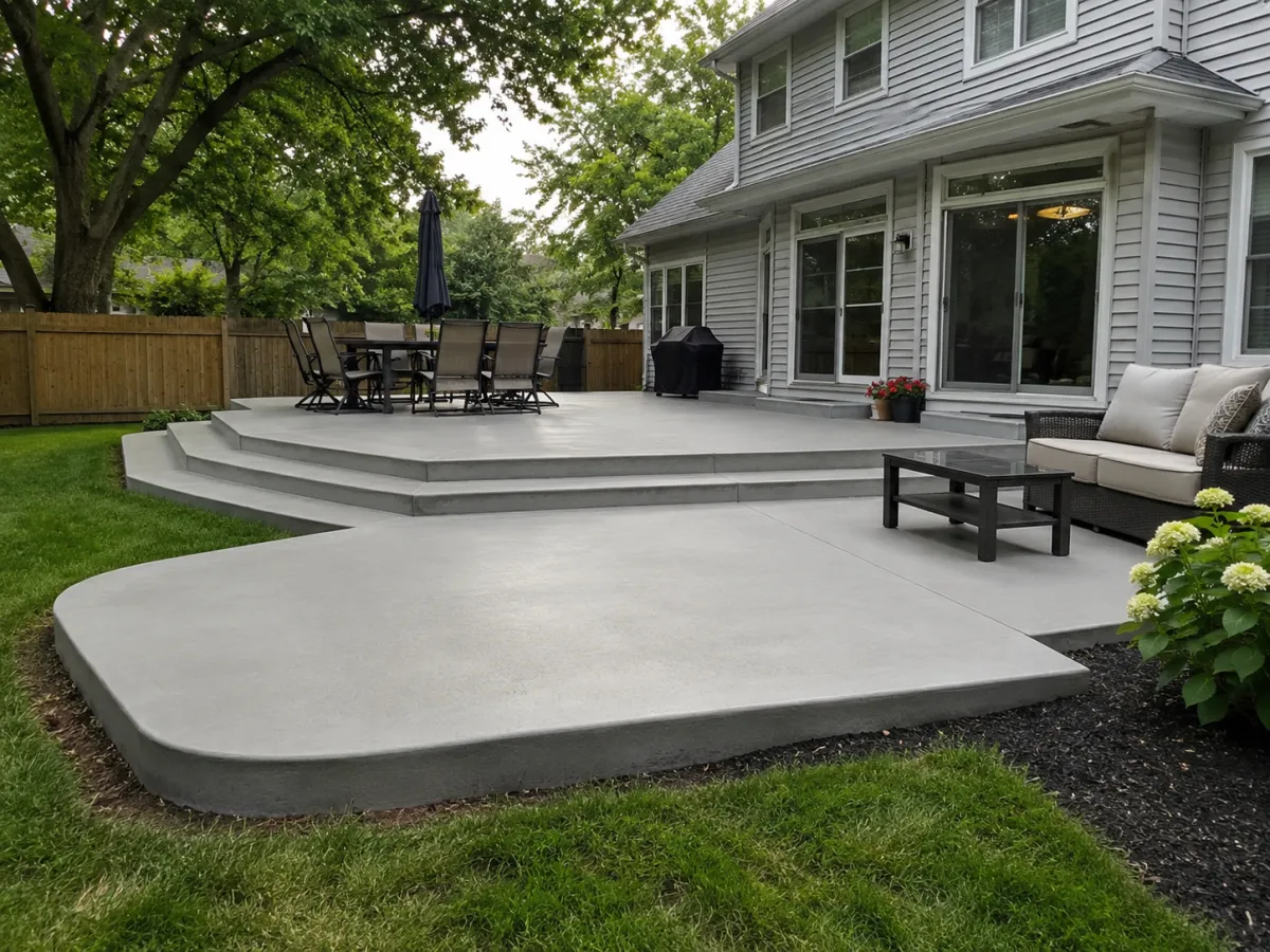 Raised concrete patio with seating at a gray home in Racine, WI by GM Concrete