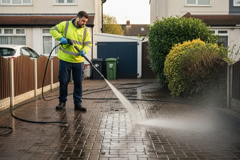Professional cleaning service maintaining a driveway in Leicester
