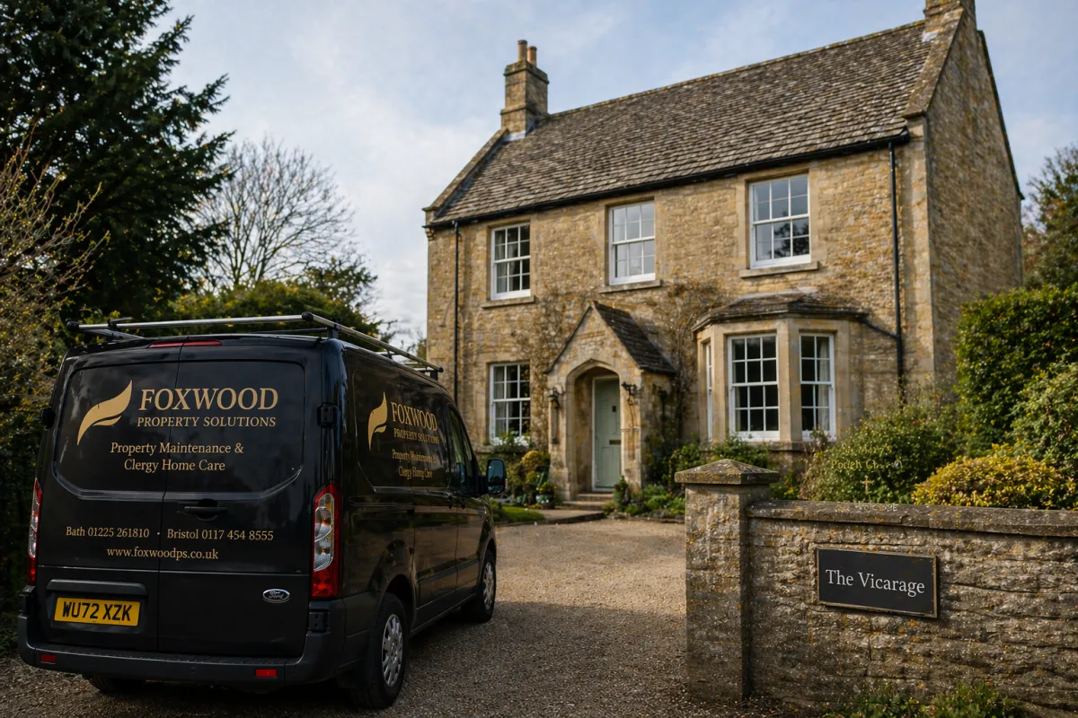 Vicarage property maintenance in Bath and Bristol – stone clergy house with Foxwood service van