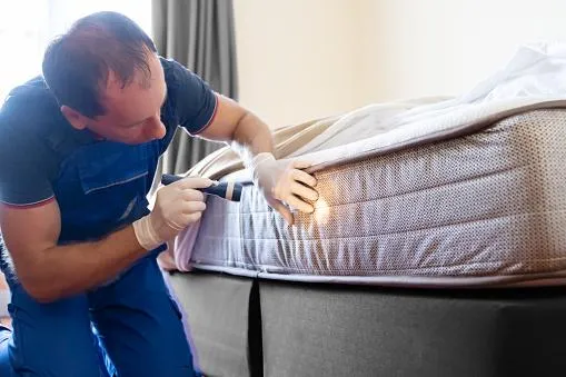 a pest control technician examining a bed for bed bugs with a torch