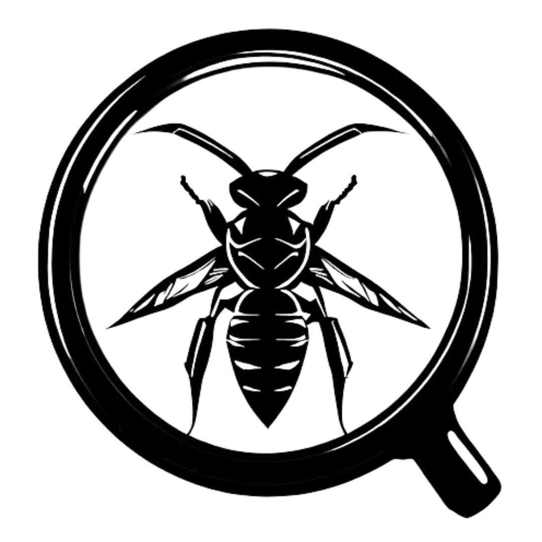a black logo of a wasp an underneath a magnifying glass