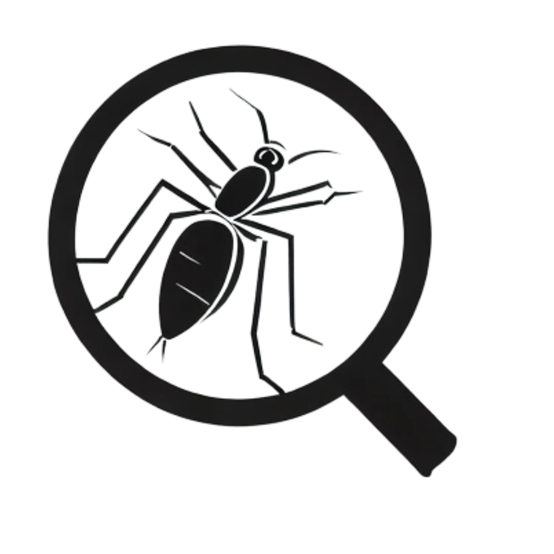 a black logo of a mosquito underneath a magnifying glass