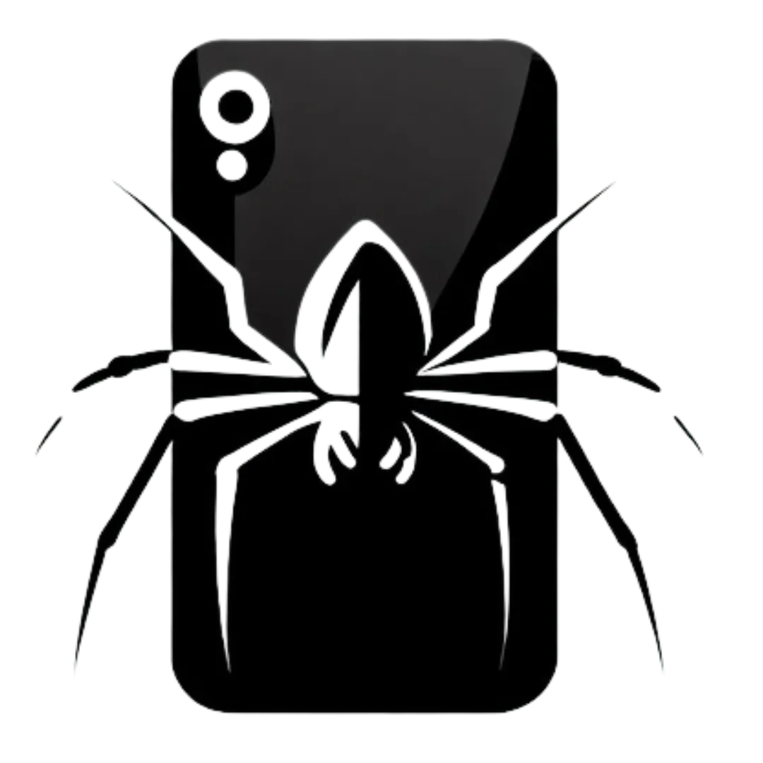 a black logo of a spider crawling on a mobile phone