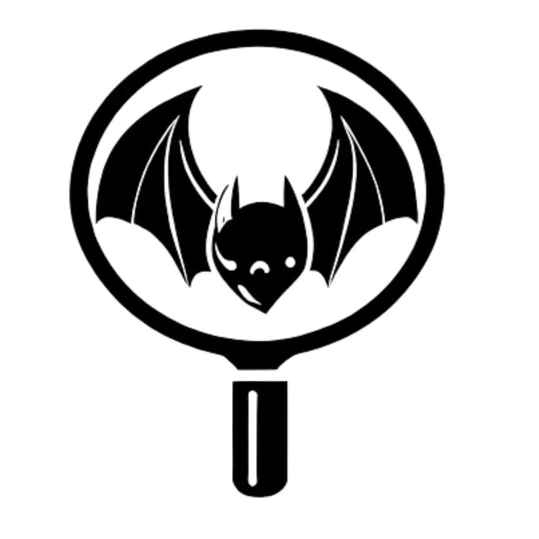 a black logo of a bat underneath a magnifying glass