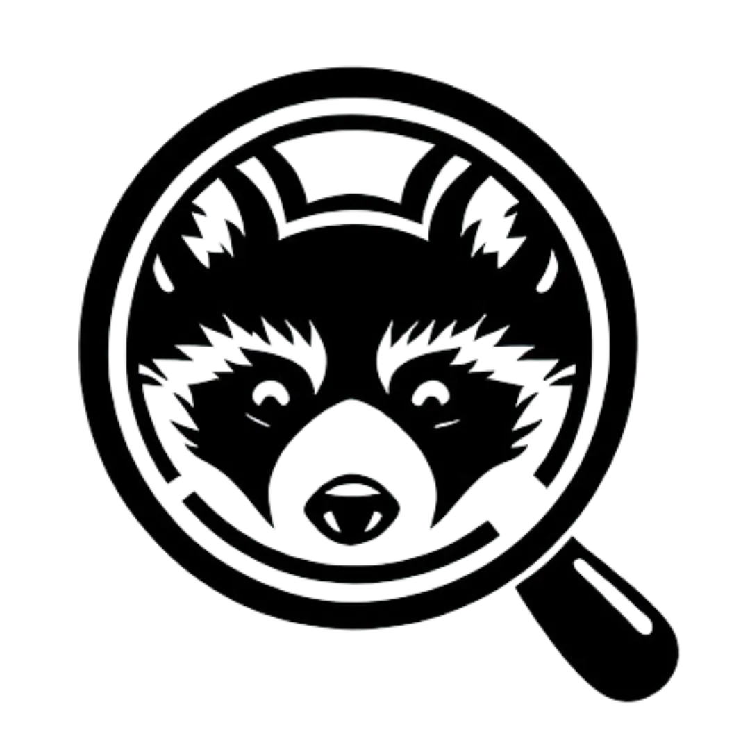 a black logo of a racoon underneath a magnifying glass