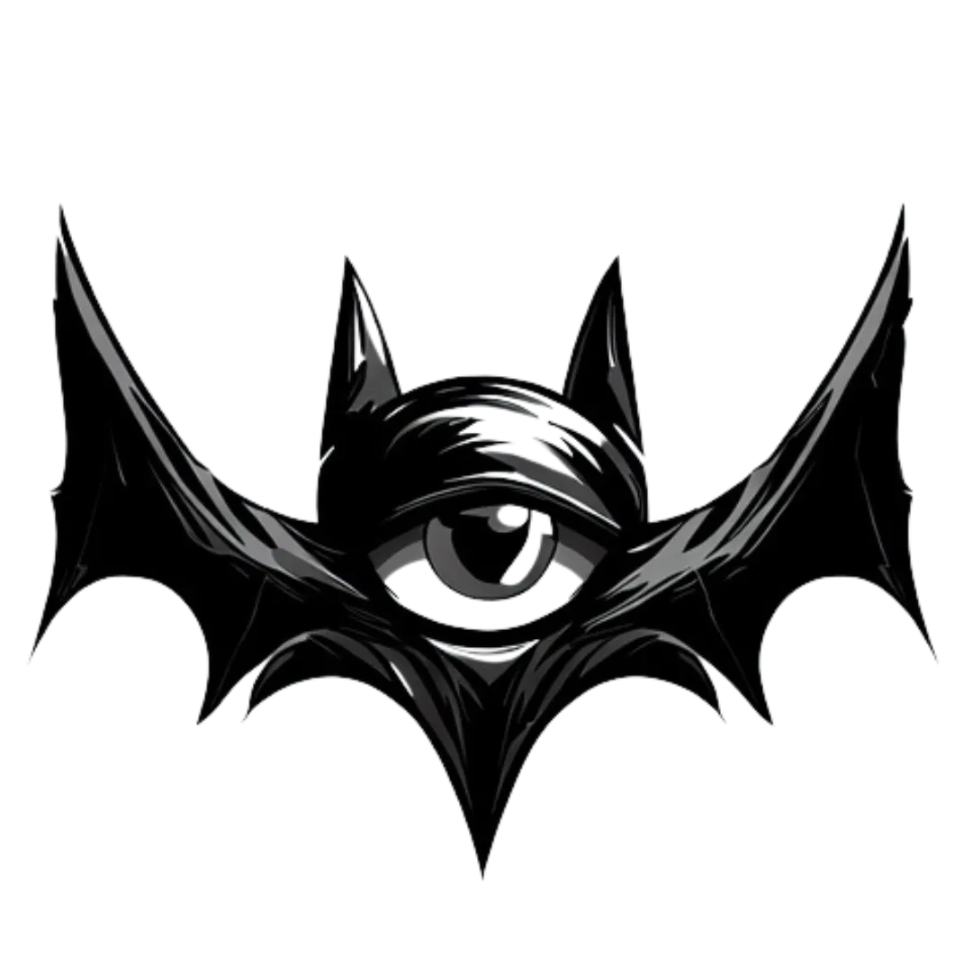 a black logo of a bat with a giant eye