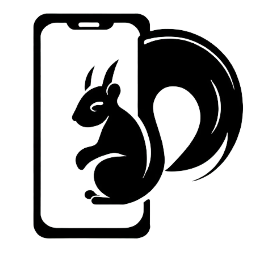 a black logo of a squirrel on a mobile phone