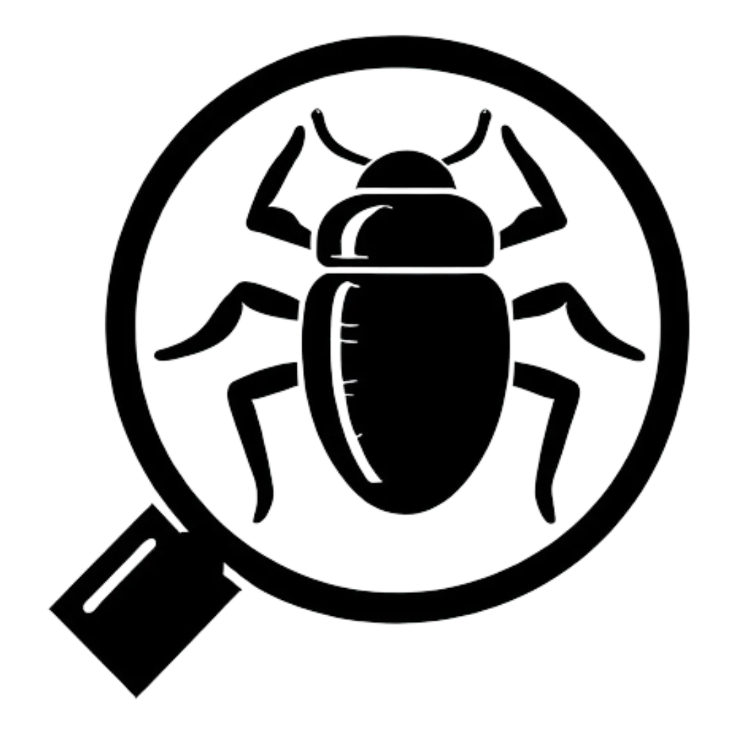 a black logo of a sow bug under a magnifying glass