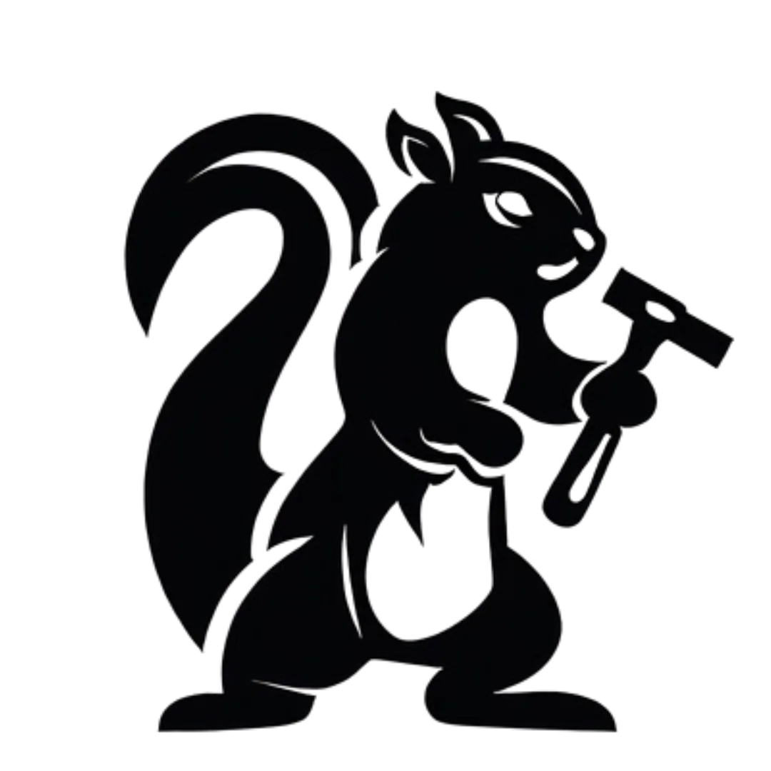 a black logo of a squirrel holding a hammer