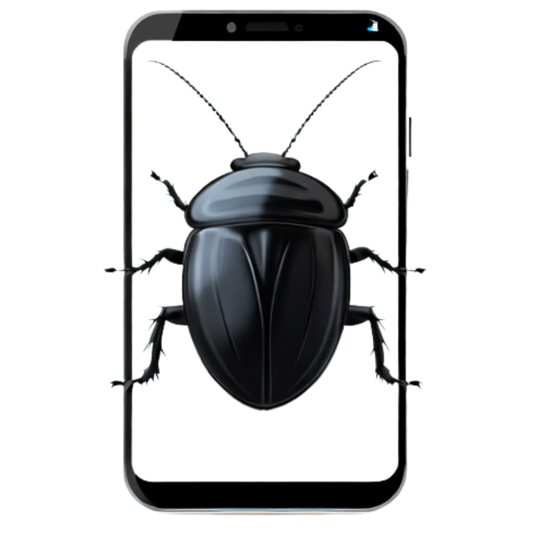 a black logo of a sow bug crawling on a mobile phone