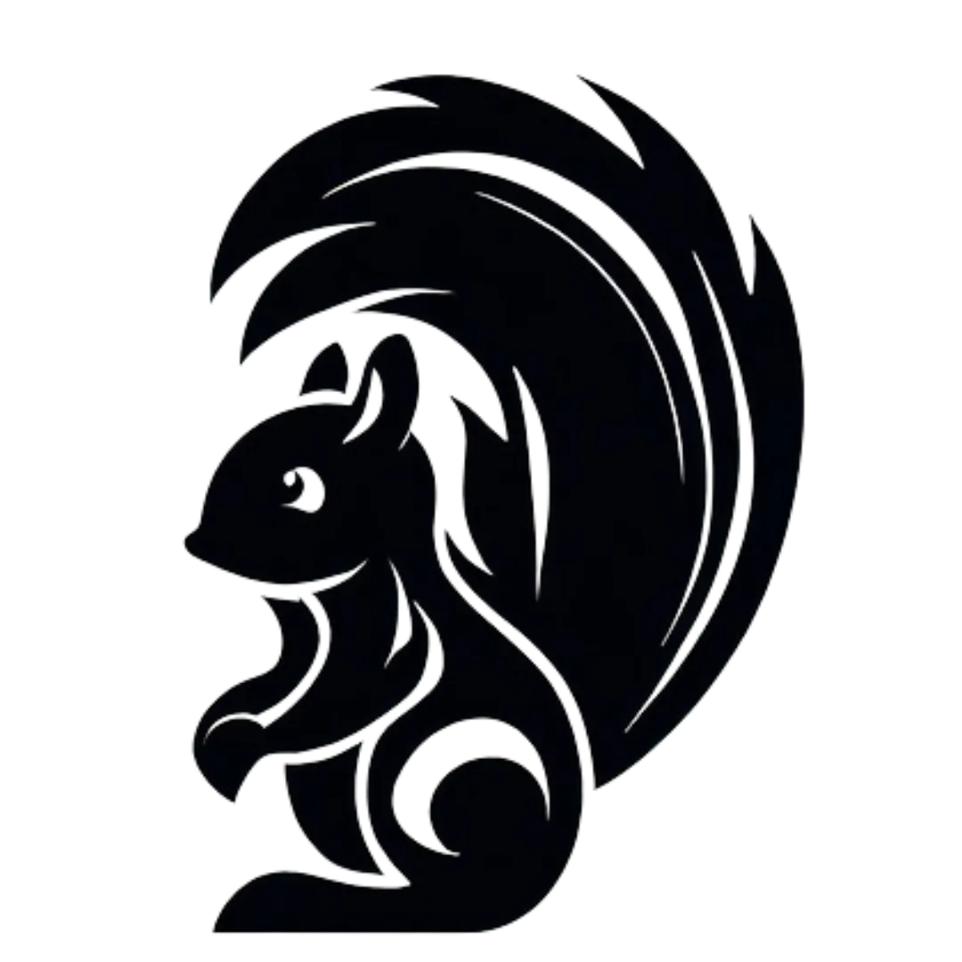 a black logo of a squirrel