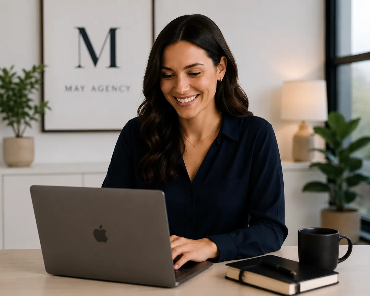 woman smiling at laptop with may agency
