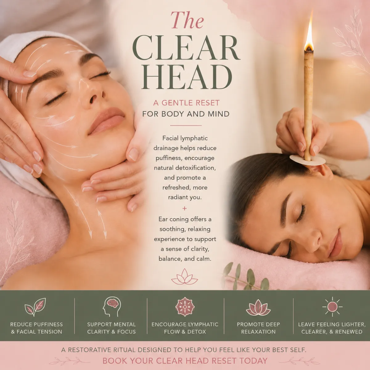Body and Soul Wellness Spa seasonal allergy relief ritual graphic featuring facial steam therapy, facial lymphatic drainage, and ear candling for a calming May to July wellness reset in Londonderry, NH.