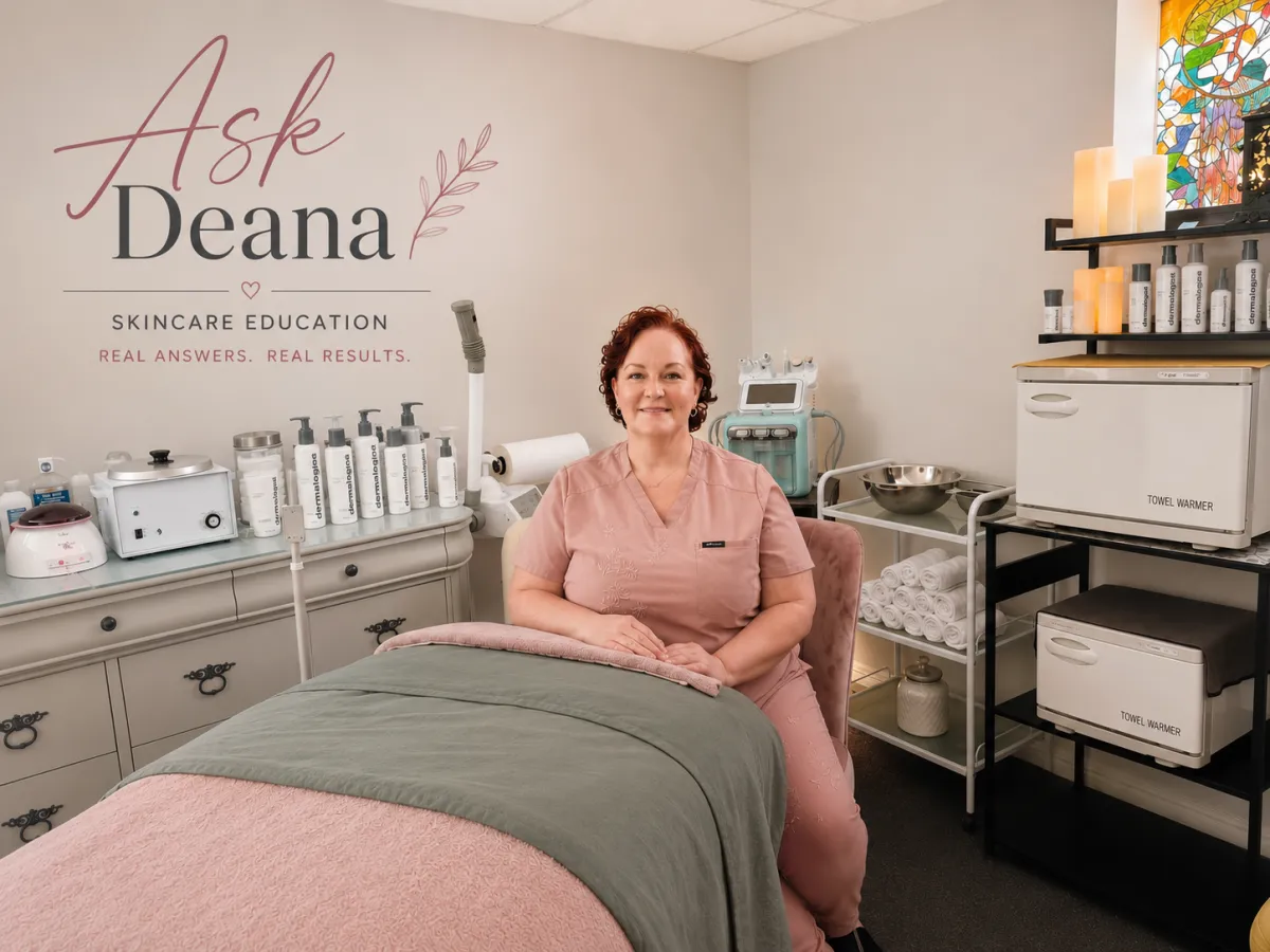 Deana in her treatment room at Body and Soul Wellness Center in Manchester, NH, sharing Ask Deana skincare education about daily sunscreen and summer skin care.