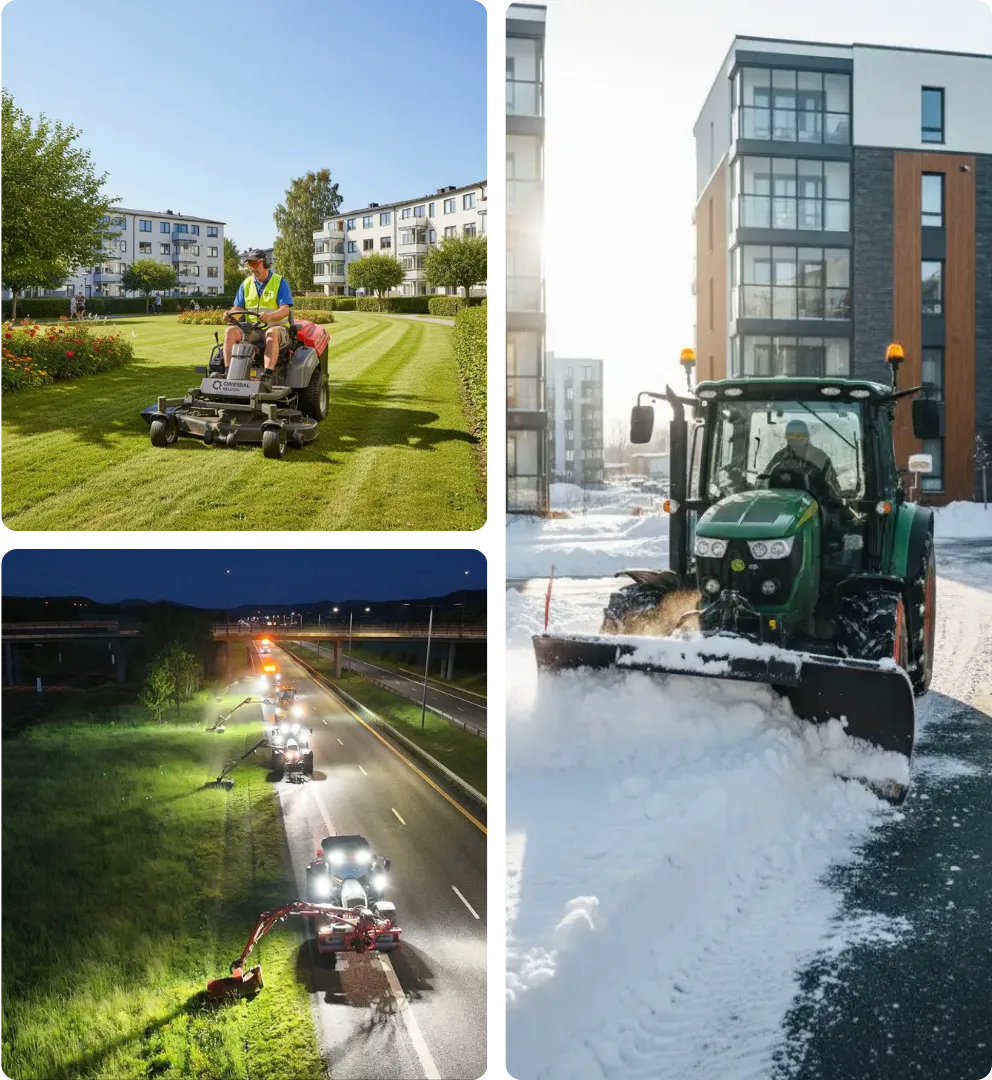 Collage av plenklipping, kantslåing og snøbrøyting i Oslo
