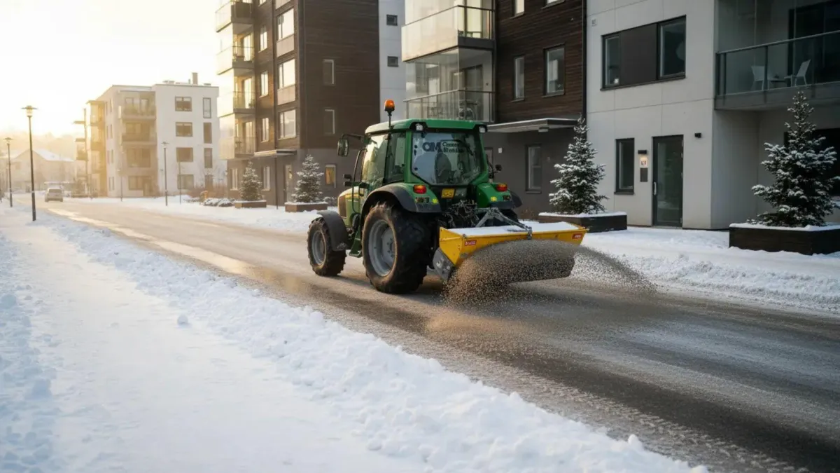 Traktor med strø maskin strør bygate i Oslo