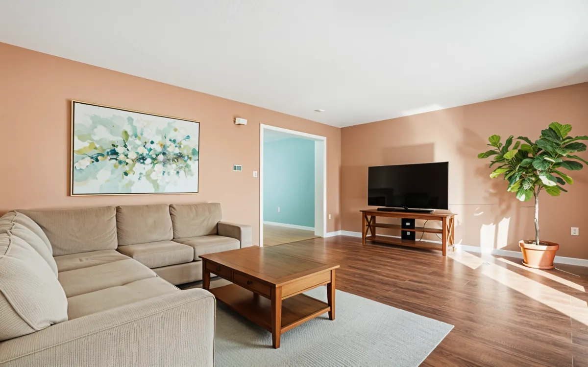 a room with a table and a wine rack