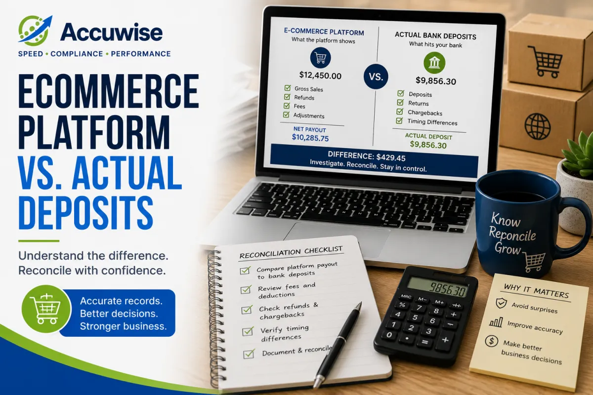 Accuwise blog cover comparing e-commerce platform sales data with actual bank deposits, featuring a laptop, reconciliation checklist, calculator, and shipping boxes to highlight the importance of accurate deposit reconciliation.