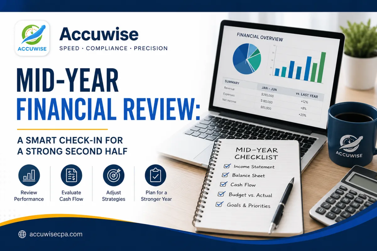 Accuwise blog cover featuring a mid-year financial review with financial charts, a checklist, calculator, coffee mug, and key areas such as cash flow, performance, strategy, and planning.