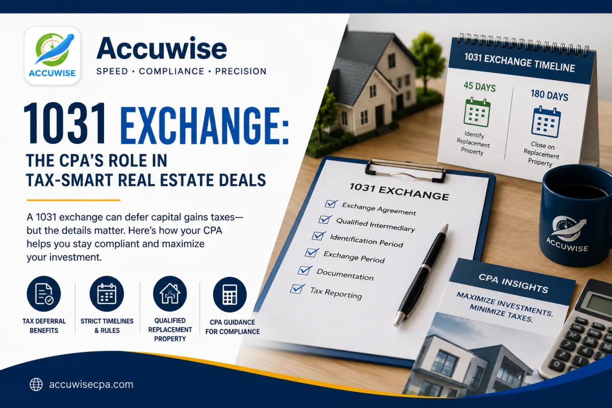 Accuwise blog cover featuring a 1031 exchange timeline, real estate properties, a compliance checklist, calculator, and key CPA guidance for tax-smart real estate transactions.
