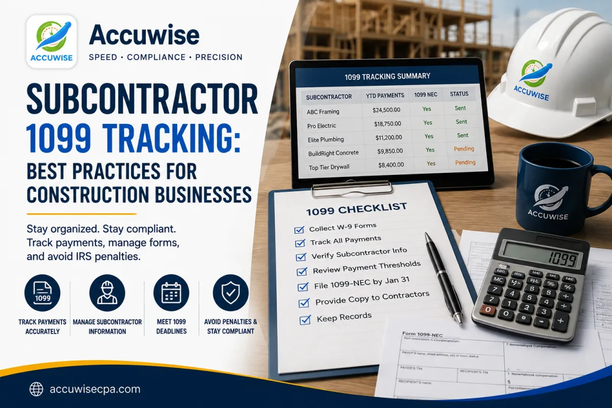 Accuwise blog cover featuring subcontractor 1099 tracking for construction businesses, with a 1099 checklist, payment tracking dashboard, calculator, hard hat, and Form 1099-NEC documents.