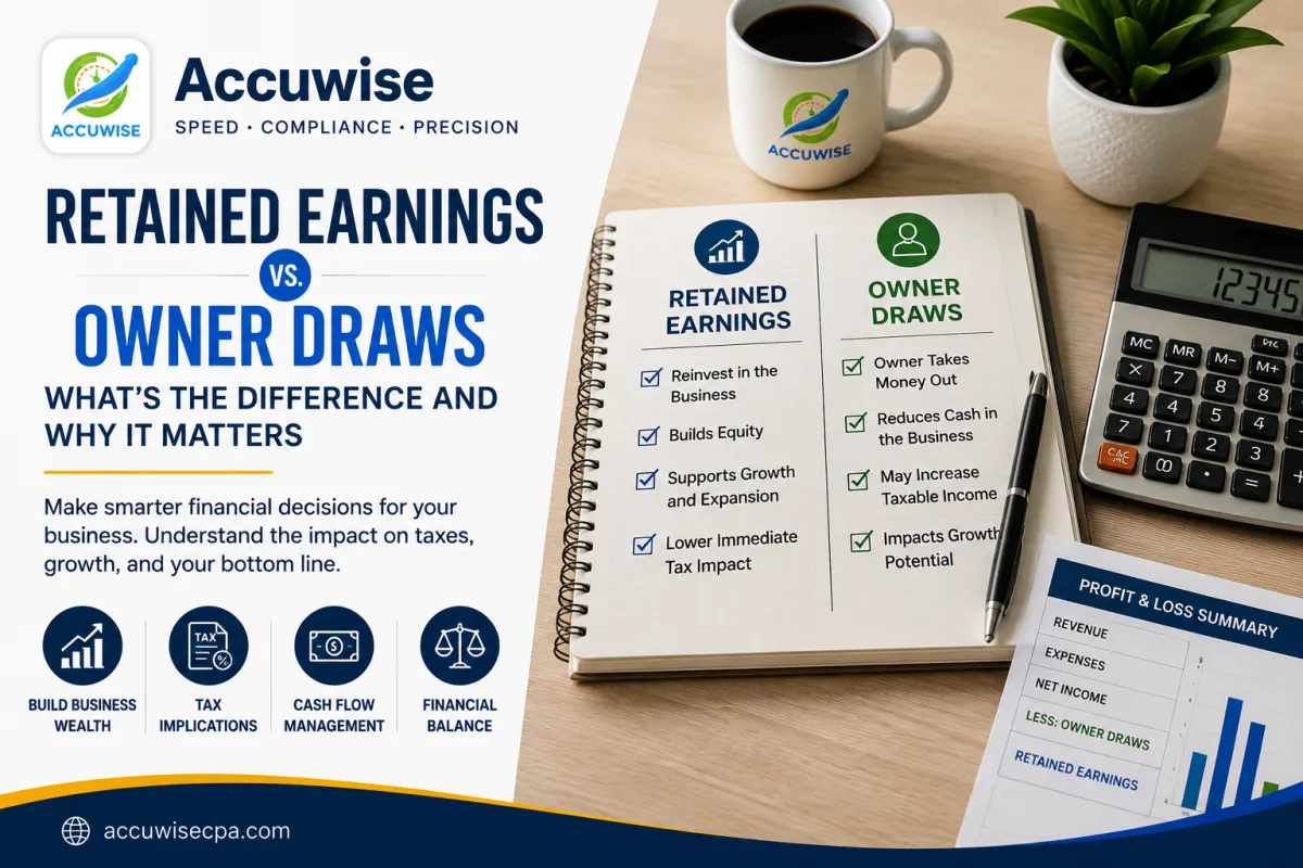 Accuwise blog cover comparing retained earnings and owner draws, featuring a side-by-side financial checklist, calculator, profit and loss summary, and key considerations for taxes, cash flow, and business growth.