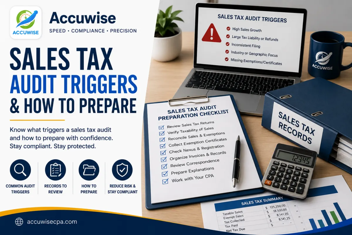Accuwise blog cover featuring sales tax audit triggers and preparation tips, with an audit checklist, sales tax records binder, laptop, calculator, and compliance-focused financial documents.