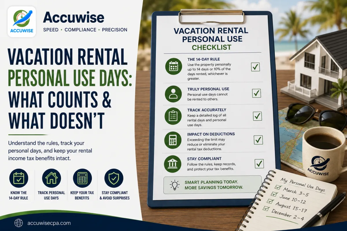 Accuwise blog cover featuring vacation rental personal use days, the 14-day rule, a personal-use tracking checklist, rental property model, calendar-style notes, and tax compliance guidance.