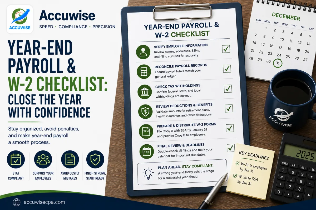 Accuwise blog cover featuring a year-end payroll and W-2 checklist, with employee information verification, payroll reconciliation, tax withholdings, deductions, W-2 preparation, key deadlines, and compliance reminders.