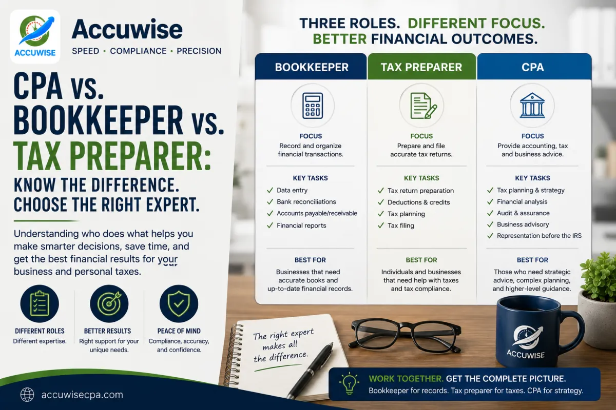 Accuwise blog cover comparing a CPA, bookkeeper, and tax preparer, highlighting each role’s focus, key tasks, best uses, and how they work together to support better financial decisions.