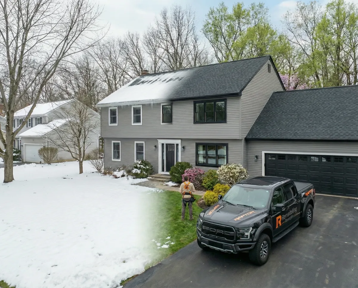 Roofing crew installing new shingles on a home