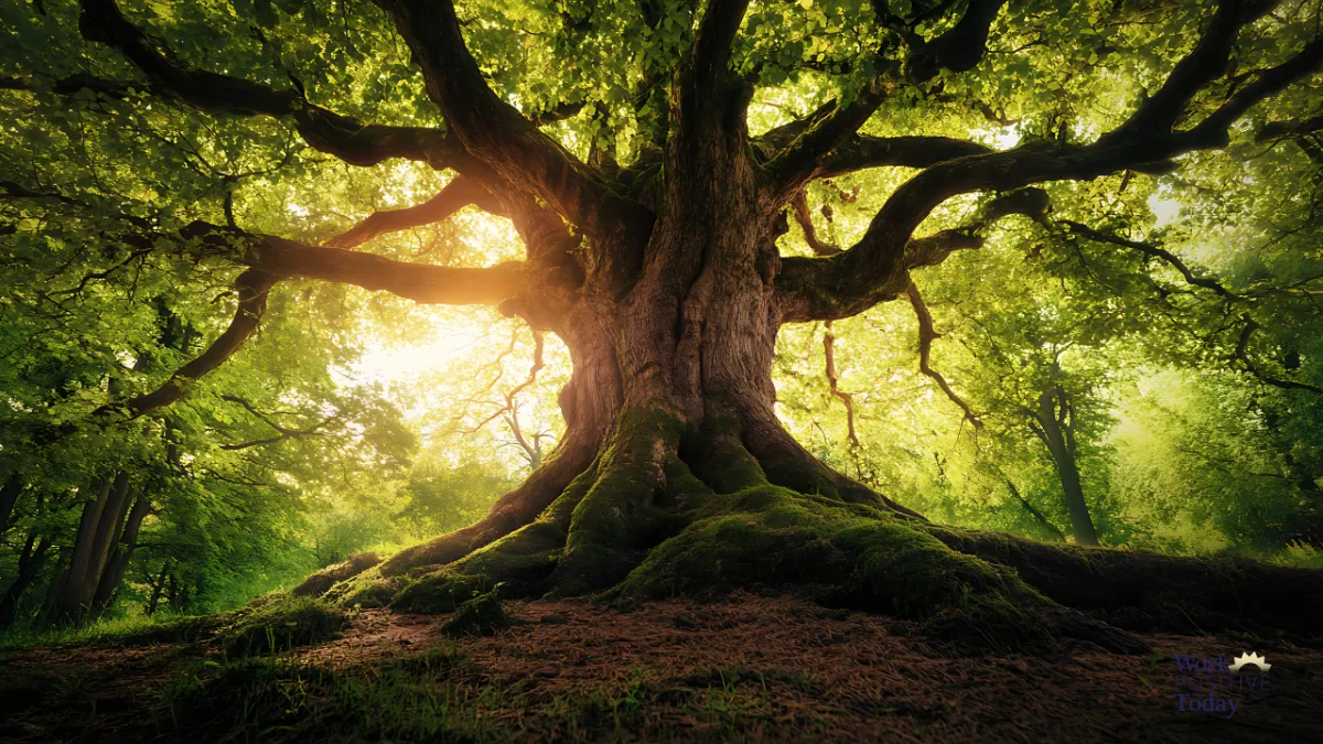 Majestic ancient tree with massive trunk, visible strong root system, and gracefully curved flexible branches spreading through lush green forest canopy with golden sunlight streaming through, illustrating the leadership metaphor of stable roots with adaptable branches for flexible confidence in a VUCA world.