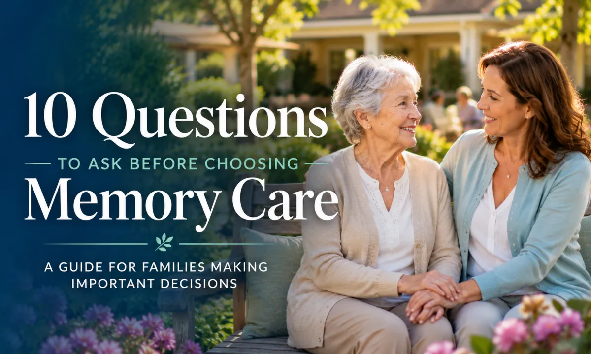 Adult daughter touring a memory care facility with her elderly mother while meeting with a compassionate senior living advisor in a welcoming Florida community.