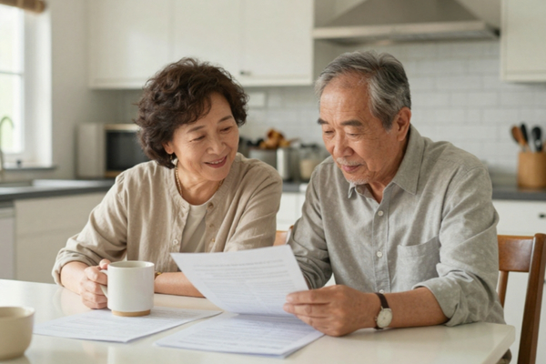A couple reviewing paperwork together while considering whether now is the right time to downsize in Ponte Vedra Beach.