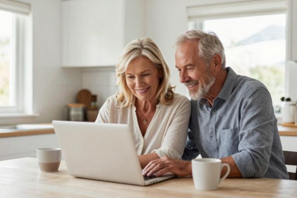 Empty nesters reviewing floor plans while considering a downsize in Ponte Vedra Beach.