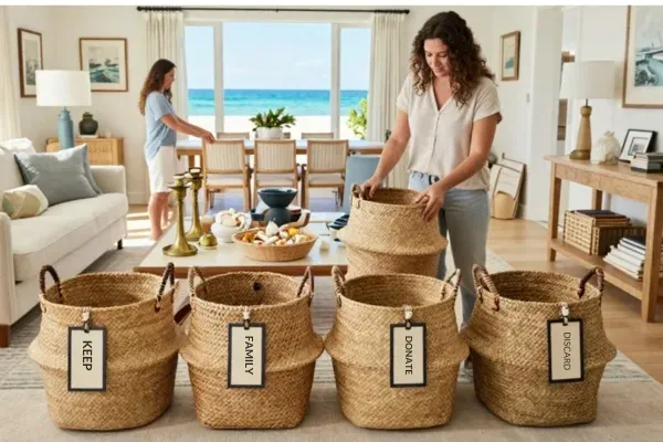 Labeled sorting bins for keep, family, donate, and discard during a Ponte Vedra Beach downsizing project
