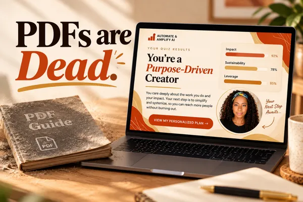 A laptop showing an interactive quiz with a personalized scorecard result, beside a closed paper PDF guide