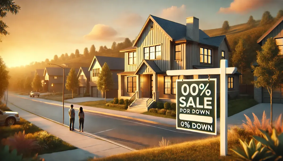 Modern suburban home at sunset with a for-sale sign highlighting zero down payment, as a couple looks on from the sidewalk.