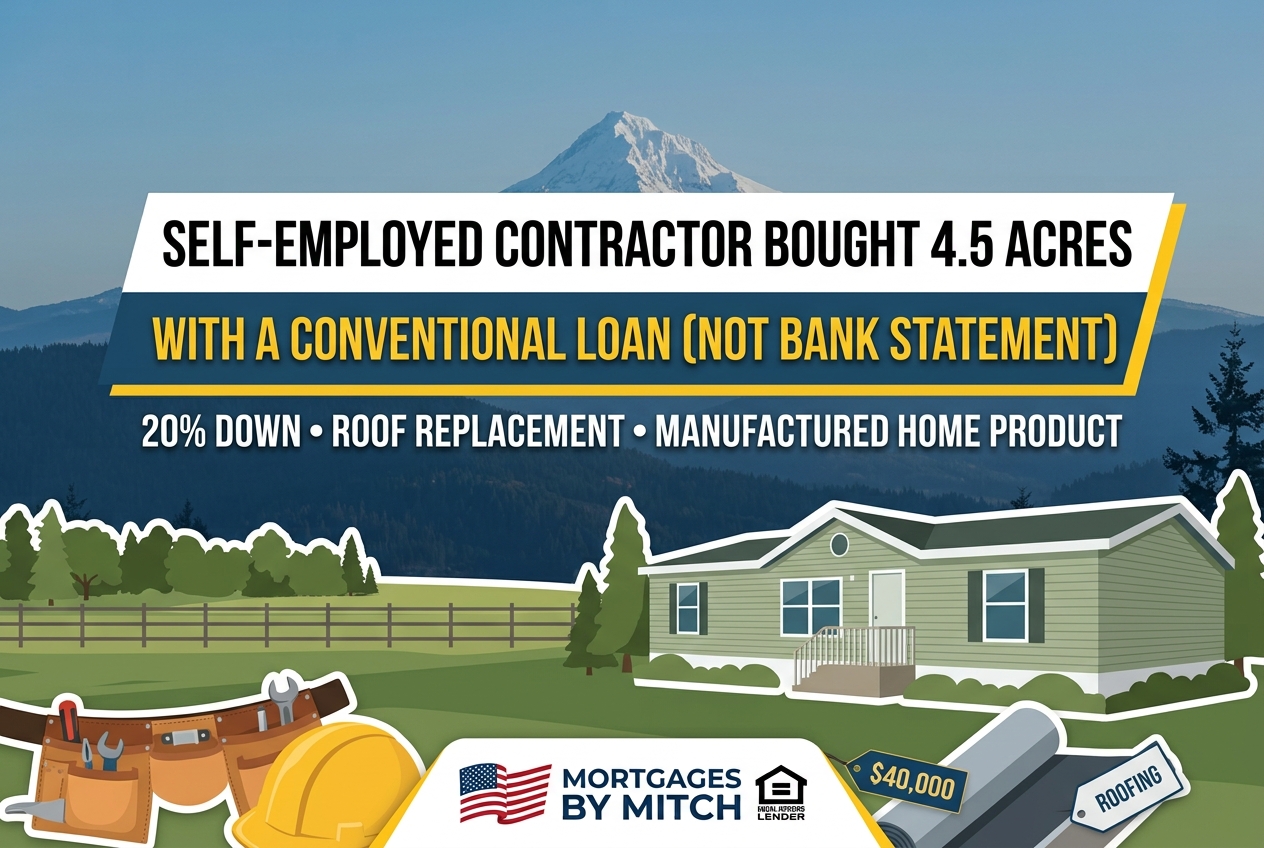 An illustrated blog post cover with a title banner across the top on a blue gradient and white background. The large text reads, 'SELF-EMPLOYED CONTRACTOR BOUGHT 4.5 ACRES'. Below this, smaller text reads, 'WITH A CONVENTIONAL LOAN (NOT BANK STATEMENT)'. A bottom text line lists, '20% DOWN • ROOF REPLACEMENT • MANUFACTURED HOME PRODUCT'. The background image shows a large snow-capped mountain against a clear blue sky. In the foreground, an illustrated manufactured home sits on a grassy field with trees. On the left are illustrations of various hand tools and a yellow hardhat. On the right, a price tag with '$40,000' and 'ROOFING' hangs next to rolled roofing material. The bottom center has a small logo for 'MORTGAGES BY MITCH' with an American flag and a house icon
