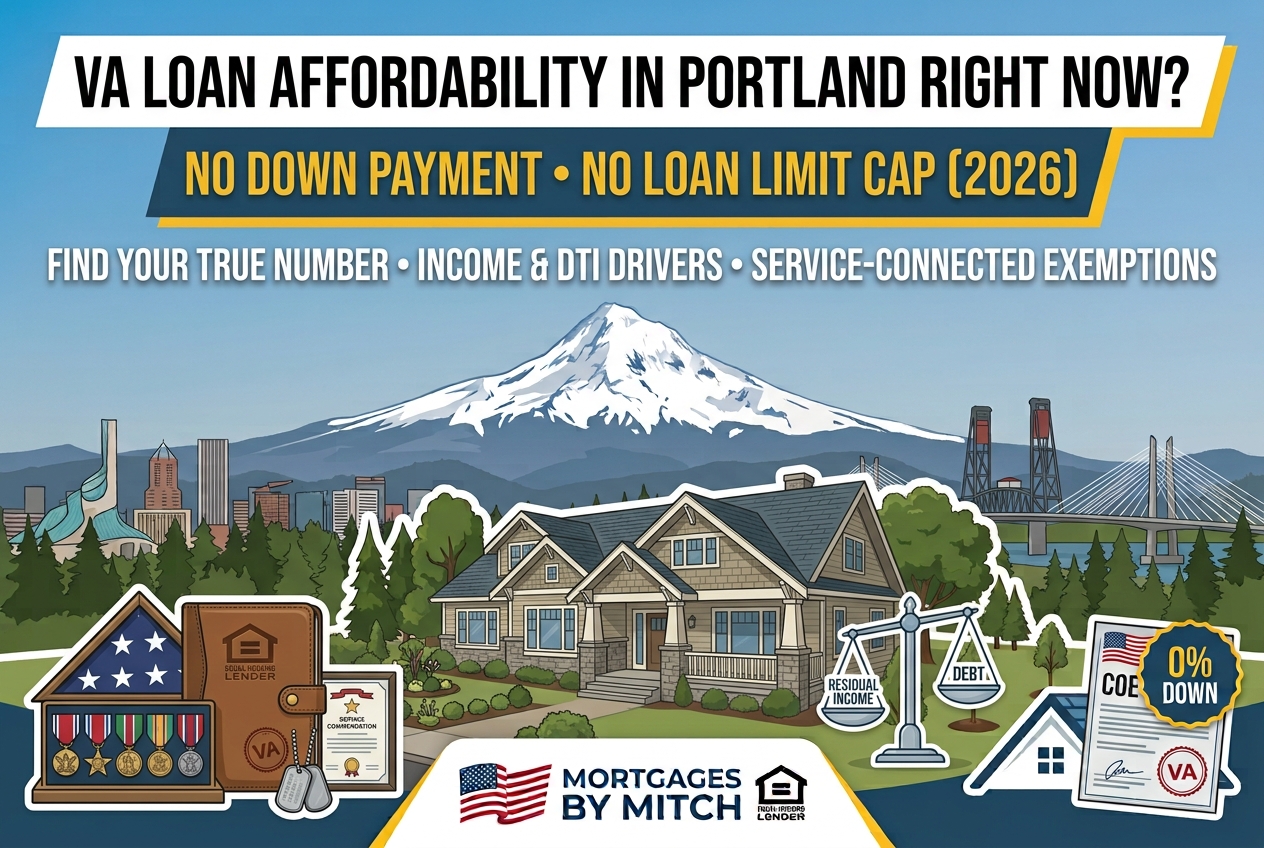 Illustrated Portland, Oregon skyline with Mt. Hood and a craftsman home, promoting VA loan affordability: no down payment, no loan limit cap in 2026.