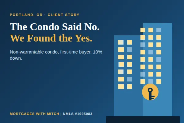 Illustration of a Portland condo building with a key icon and the headline "The Condo Said No. We Found the Yes."