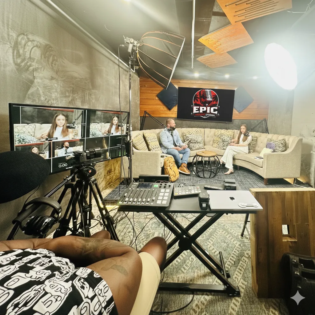 Host and producer reviewing a timeline on a laptop in a studio set with warm lighting and waveforms on monitors.