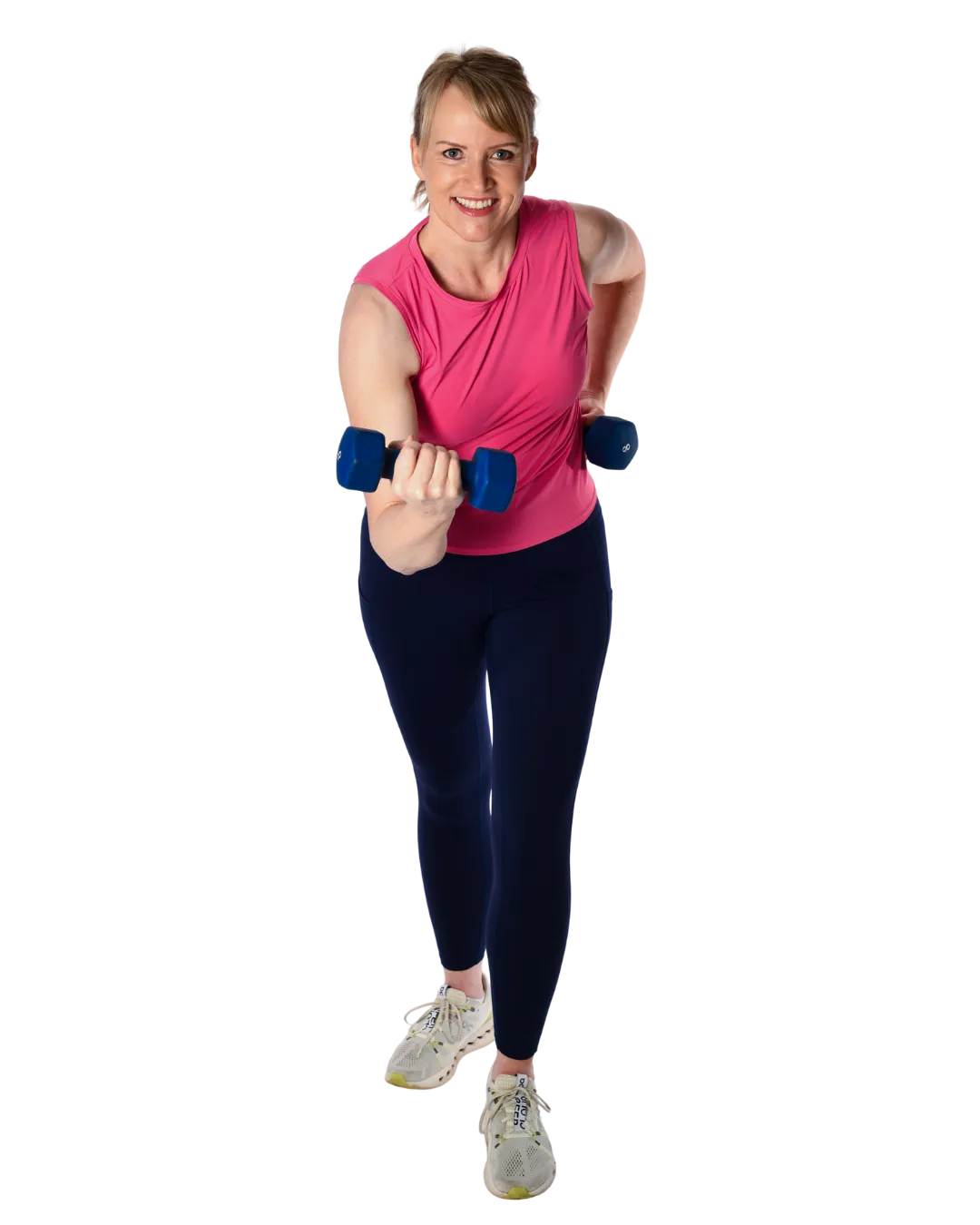 a picture of Christi in a bright pink tank lifting blue weights