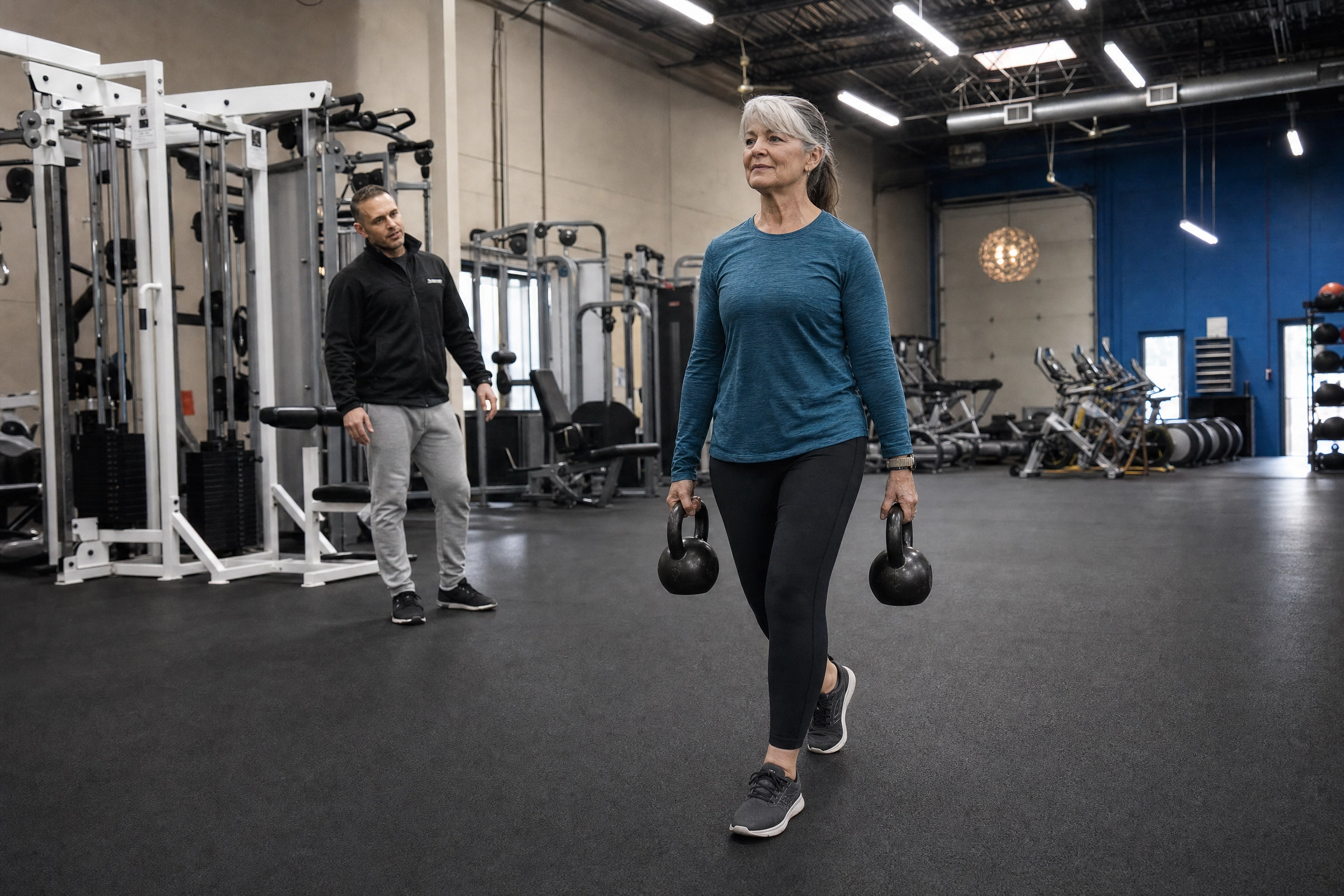 Coach working one-on-one with a client on a loaded strength exercise at a private studio in Northbrook, IL