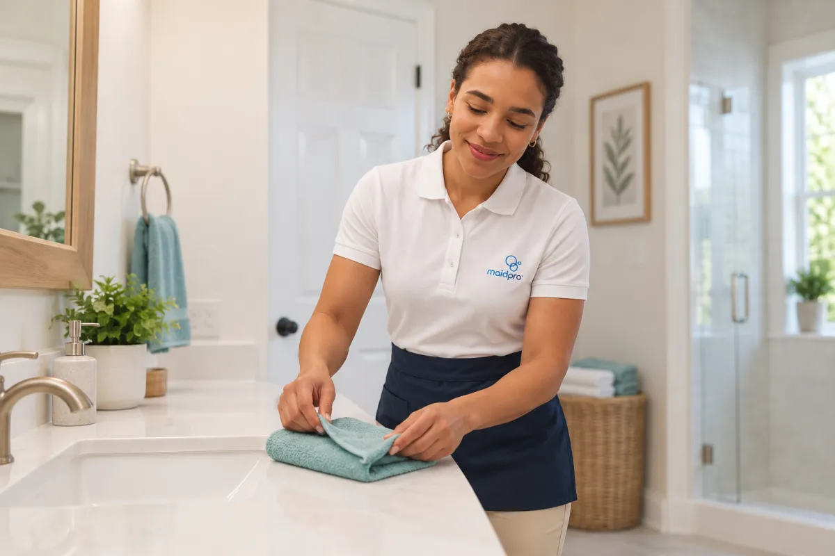 Smiling cleaning professional in a blue uniform wiping a kitchen counter