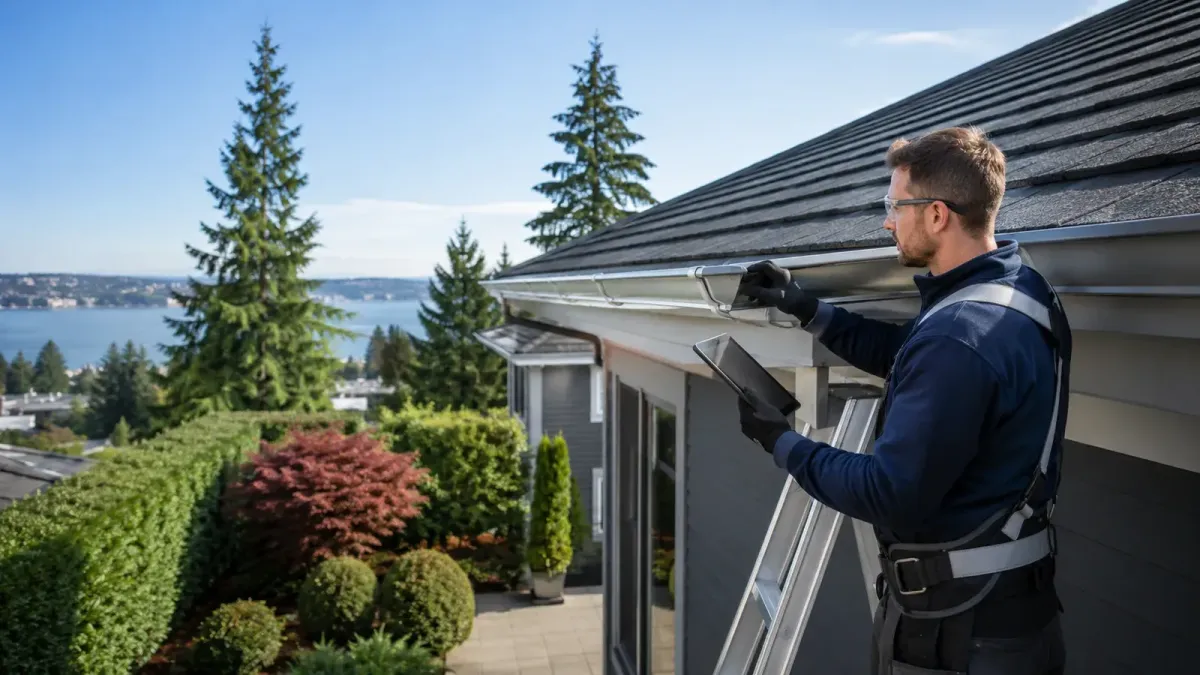 Technician inspecting residential gutters on a premium Seattle home while documenting findings with a tablet.