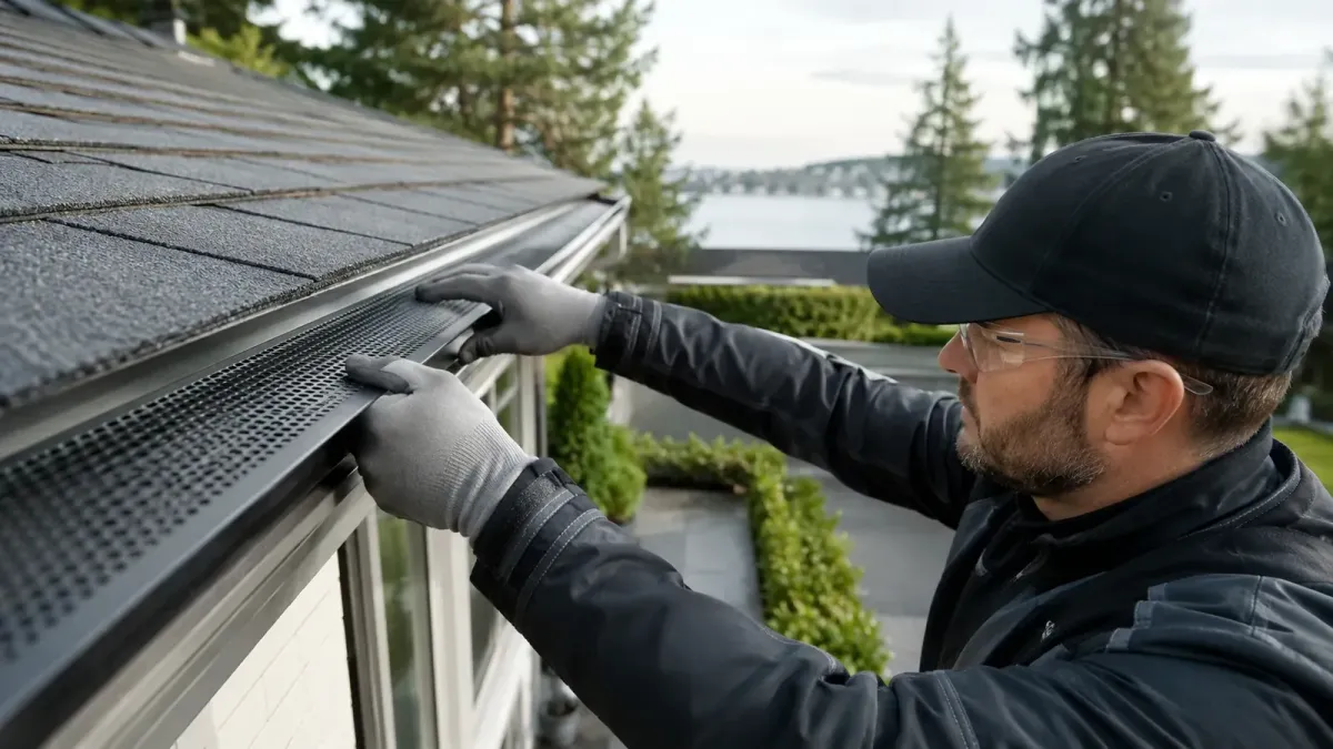 Technician installing premium gutter guards on a Seattle home to help prevent leaves, moss, and roof debris from clogging gutters.