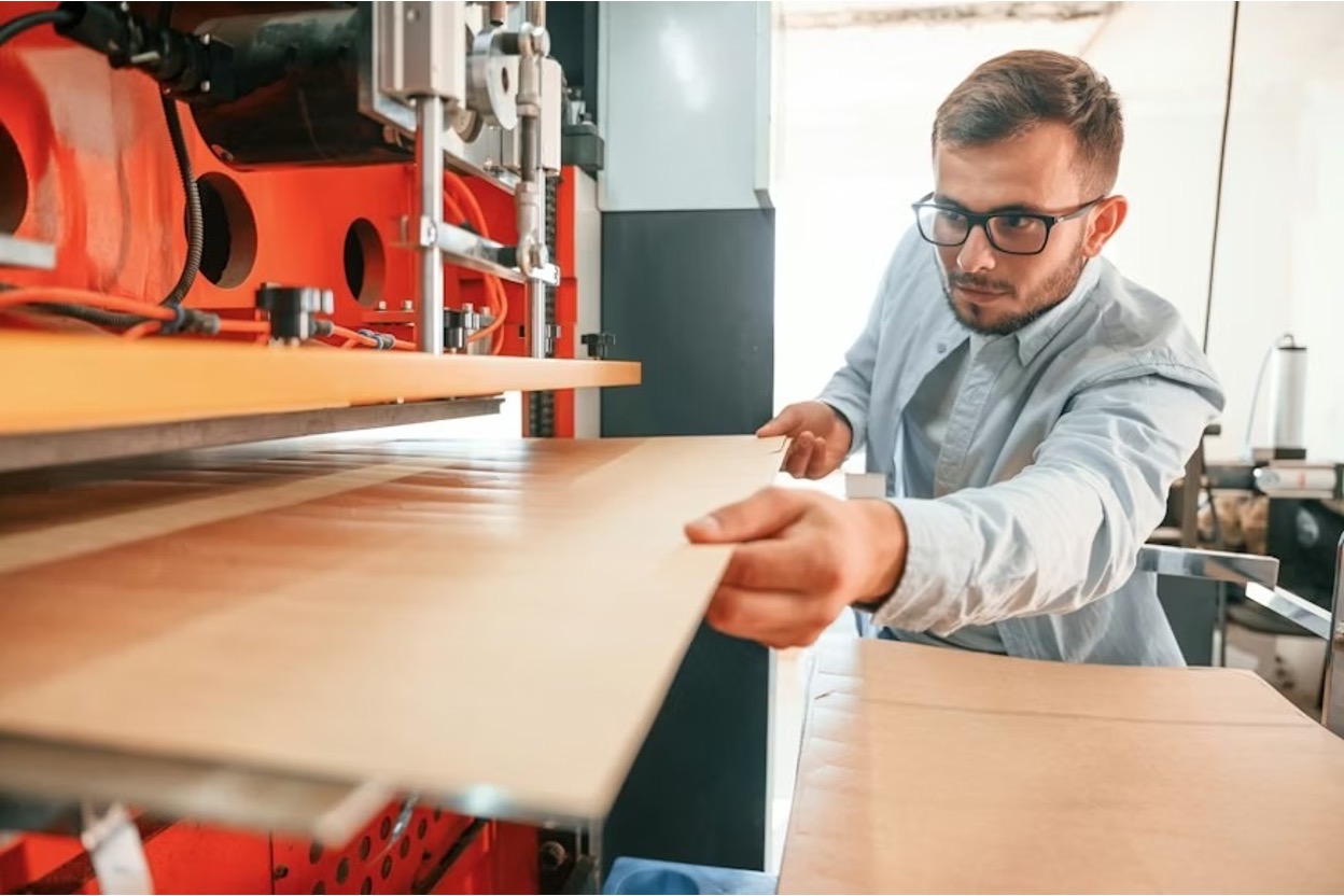 A man in a manufacturing plant is working on a new product design using wooden sheets