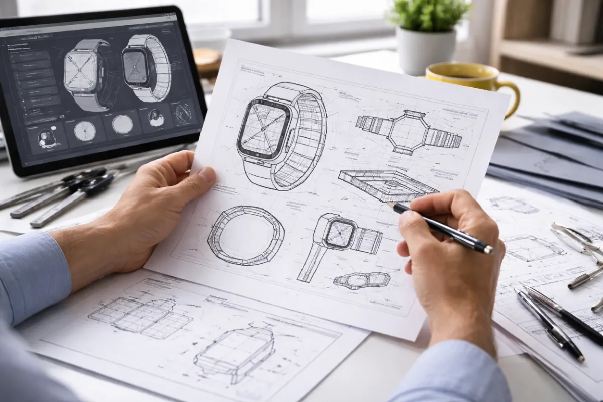 An inventor working on a smartwatch patent design drawing